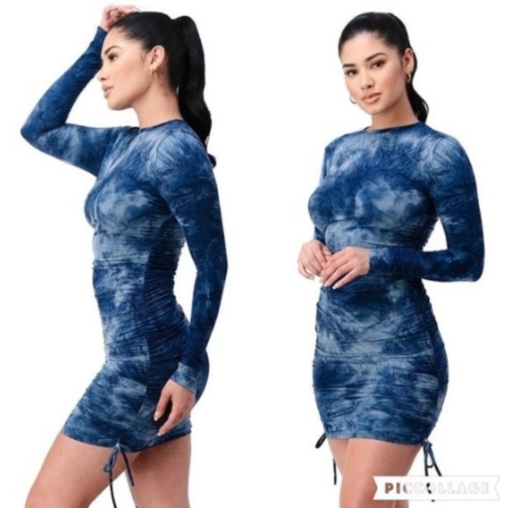 Ruched Drawstring Knot Tie Dye Bodycon‎ Dress